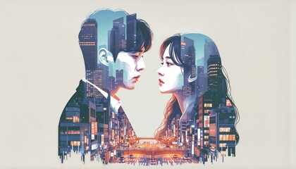 Kdrama Concept Couple Double Exposure Silhouette Cityscape Urban Portrait Illustration
