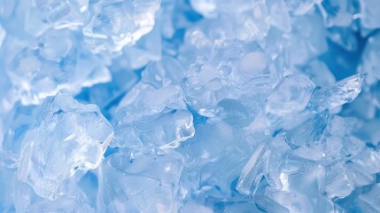 Abstract close-up of blue ice cubes with intricate details. Cold and frozen beverage concept.