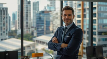 Plakat Businessman portrait in an office with a city view