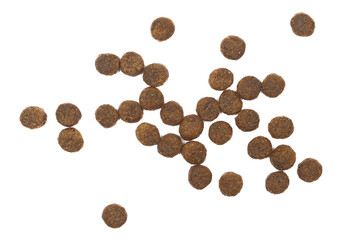 Pile dry cat food isolated on white background, top view