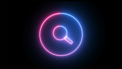 Neon blue and purple search icon animation on a black background.