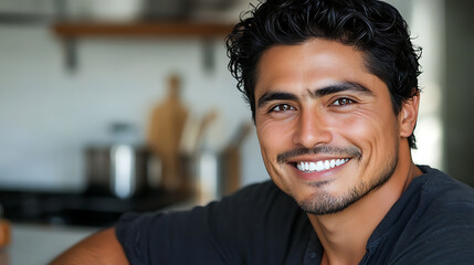 Obraz premium a man smiling at camera in kitchen at home
