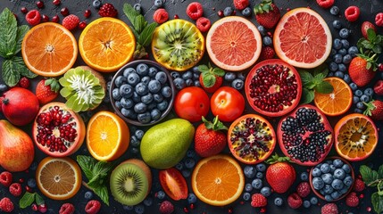 A variety of fresh fruit and berries arranged on a black background. AI generative. .