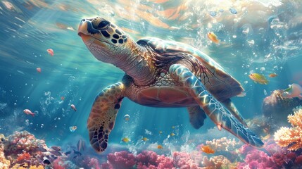 Sea turtle swimming over colorful coral reef with fish and bubbles. AI generative. .