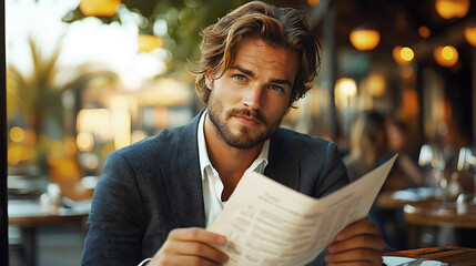 A man in a business suit is sitting in a restaurant reading a newspaper with a smile.