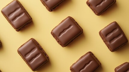 Obraz premium A flat lay of chocolate-covered snacks on a yellow background.