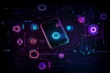 Fototapeta premium A smartphone on a futuristic circuit board with glowing neon lights. AI generative. .