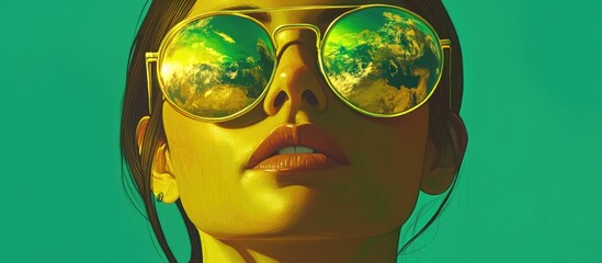Earth globe reflected in sunglasses worn by a woman against a vibrant green background