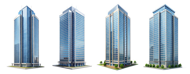 A modern skyscraper featuring reflective glass façades and a contemporary design, showcased from multiple angles against a dark background.