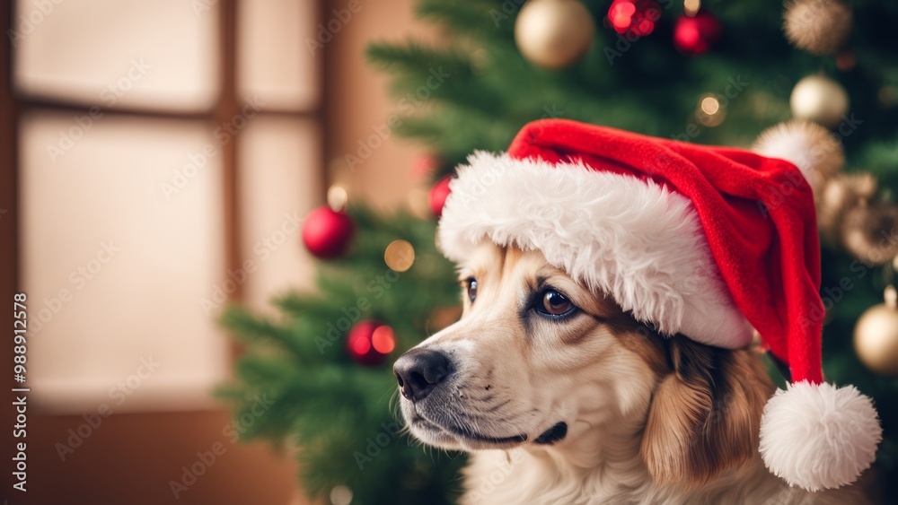 Wall mural dog in christmas hat