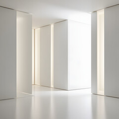 An empty white room with a window, showcasing minimalist design and open space