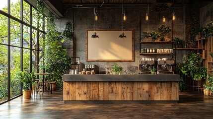 Minimalist cafe design with an industrial steel island, wooden accents, and a blank mockup wall