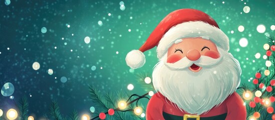Adorable cartoon Santa head illustration featuring garlands and lights on a vibrant green backdrop