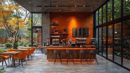Stylish cafe with an island cooking space, contemporary chairs, and a creative mockup wall for promotions