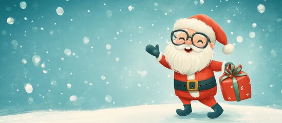 Humorous Christmas card featuring a joyful Santa Claus in glasses holding a gift bag Colorful cartoon illustration set against a snowy blue background