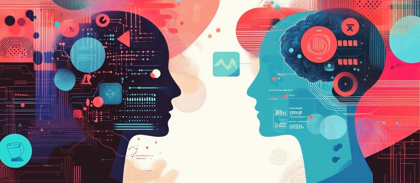 AI and human decision making a design illustrating the comparison of artificial intelligence and brain processes featuring contrasting thought bubbles for data analysis versus intuition