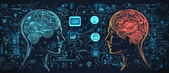 AI and human decision making a design illustrating the comparison of artificial intelligence and brain processes featuring contrasting thought bubbles for data analysis versus intuition