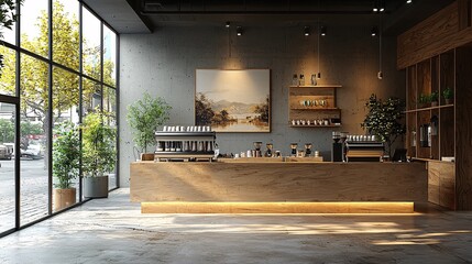 Bright and minimalistic cafe with an open kitchen island and a clean, versatile mockup wall for artwork