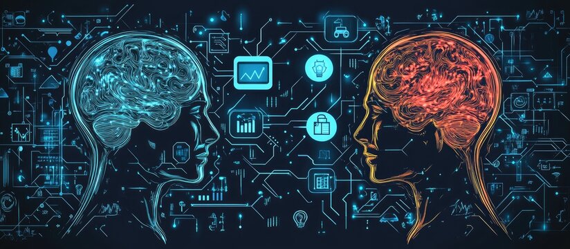 AI and human decision making a design illustrating the comparison of artificial intelligence and brain processes featuring contrasting thought bubbles for data analysis versus intuition