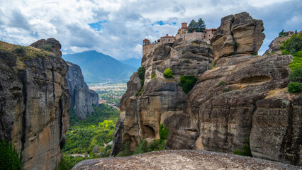 Meteora, Kalabaka, Greece. Monastery. Panorama of high rocks and mountains with monasteries. cloudy day. Aerial view