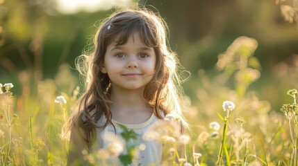 Outdoor portrait of a girl playing in a meadow