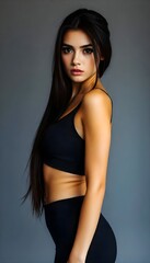 Fototapeta premium A fit woman in gray activewear, posing on a gray background
