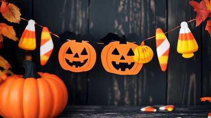 This festive Halloween banner features a cute jack-o'-lantern, an evil pumpkin, and a candy corn garland. It's perfect for a simple trick-or-treat party decoration.