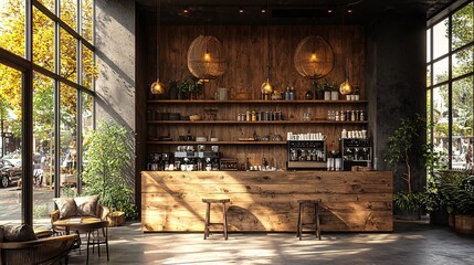 Cafe with Scandinavian design featuring a wooden cooking island, mockup wall, and cozy seating area