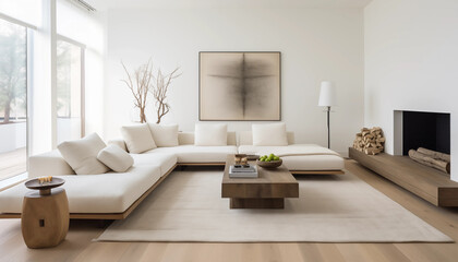 Modern Living Room Interior Design with White Sofa Wooden Coffee Table and Fireplace