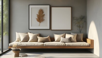 Charming Minimalist Living Space Featuring Cozy Bench with Cushions and Framed Wall Art Bathed in Soft Natural Light