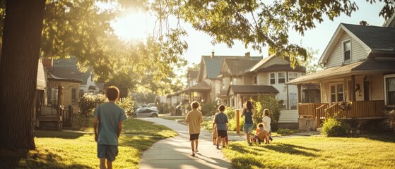 Heartwarming community service setting with individuals working together to support local families, featuring a welcoming neighborhood backdrop and engaged participants