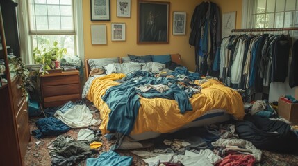 A messy bedroom with clothes scattered everywhere. This photo can be used for projects related to organization, cleaning, or procrastination.