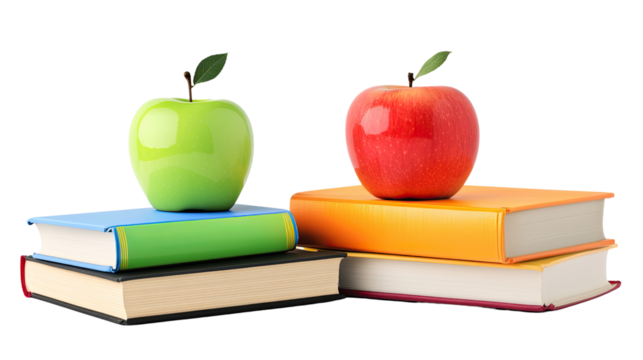 A red apple on a stack of books, representing education and healthy learning