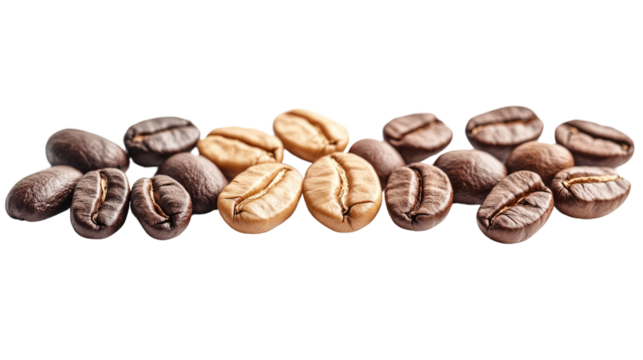 Isolated coffee beans on a white background, showcasing their rich brown color and inviting aroma, perfect for a morning cup of espresso or cappuccino
