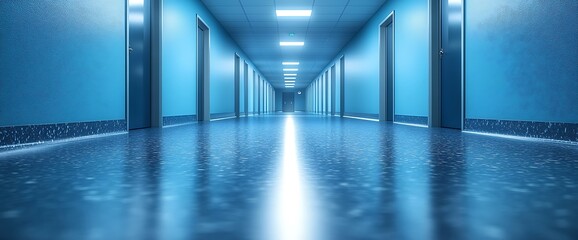 Long, empty blue hallway with doors on either side.