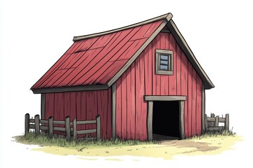 A red barn with a sloped roof and fence, isolated on a white background.