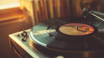 Vintage turntable with vinyl records strewn around, pop rock album covers creating a nostalgic atmosphere under warm, ambient light.