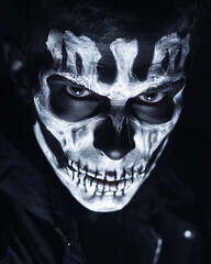 Portrait of a man in black and white makeup for Halloween. Day of the Dead.