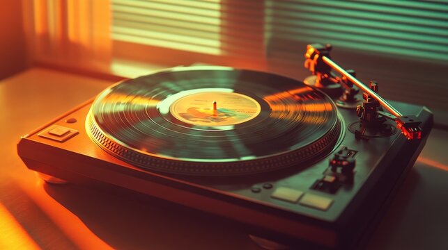 Vintage turntable with vinyl records strewn around, pop rock album covers creating a nostalgic atmosphere under warm, ambient light.