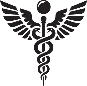 recommend clip art: Caduceus health silhouette vector icon in black and white, featuring two wings emerging from the top of a staff, Caduceus health logo vector.