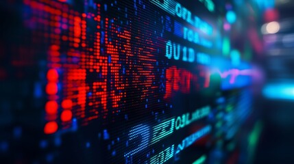 Obraz premium Colorful digital data visualizations displayed on a screen in a modern technological environment at night