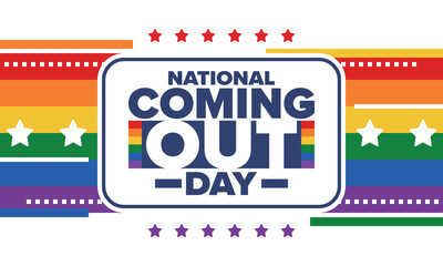 Fototapeta premium National Coming Out Day. Happy holiday. Pride month. LGBT rainbow flag. Diversity and equality. Gay and lesbian. Free love, heart shape. Illustration. Vector poster