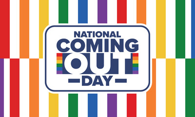 National Coming Out Day. Happy holiday. Pride month. LGBT rainbow flag. Diversity and equality. Gay and lesbian. Free love, heart shape. Illustration. Vector poster