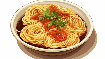 A Bowl of Noodles Topped with Red Sauce, Sesame Seeds, and Cilantro