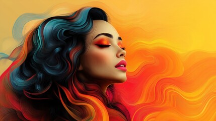 Abstract portrait of a woman with flowing hair and vibrant colors. Depicting a bold and unconventional interpretation of the human form, exploring the power of color and form in artistic expression.