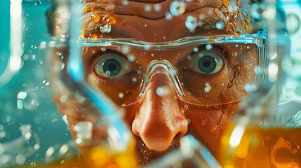 Dramatic lab accident with chemicals splattered all over a chemist’s face, turning the workspace into a chaotic scene of spilled liquids and overturned equipment