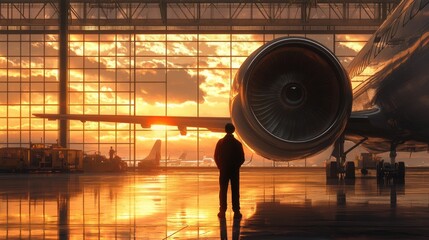 Silhouette of man near plane in hangar. This image depicts a person admiring a plane at sunset, capturing the anticipation of travel and adventure.