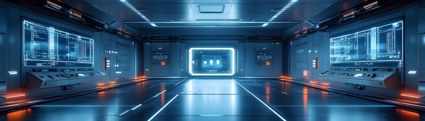 A high-tech steel tank with digital readouts and control panels, illuminated by blue LED lights, in a sterile, ultra-modern industrial environment, Sci-Fi, Minimalist, Photorealistic