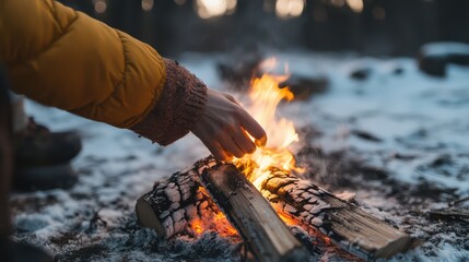 A Woman's Hand Warming Over a Campfire: Perfect for Outdoor Cooking and Adventure Themes