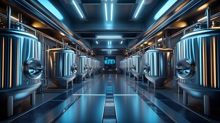 Obraz premium A large stainless steel fermentation tank inside a modern brewery